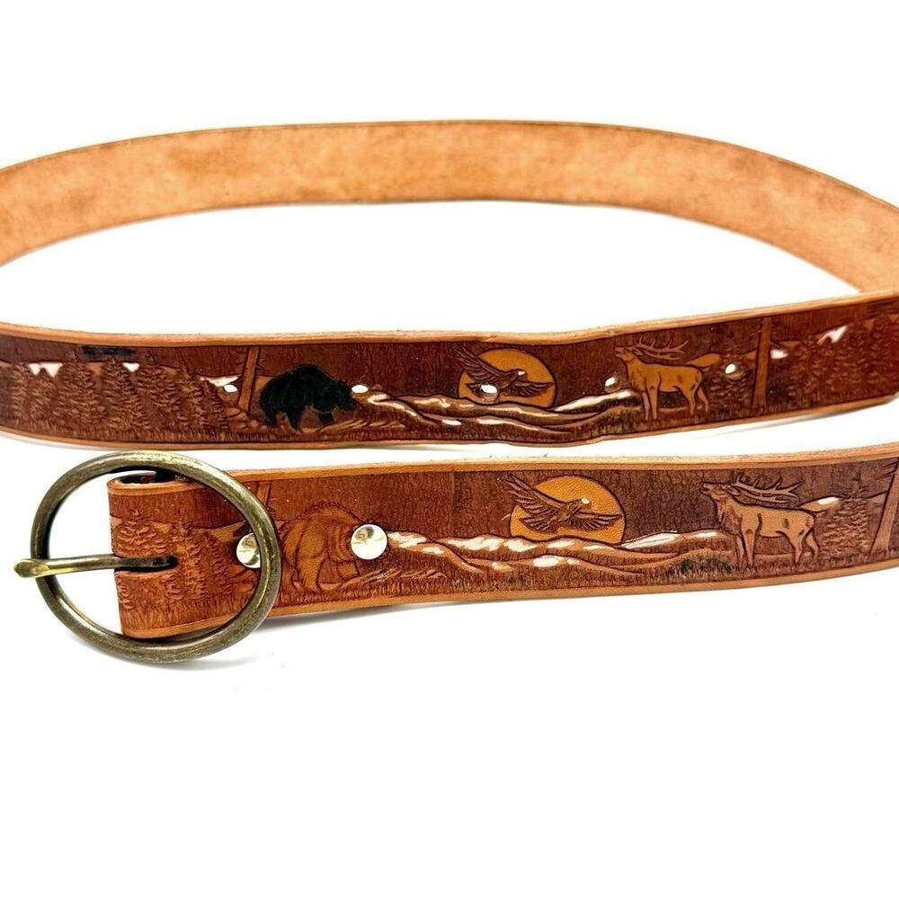 Tooled Leather Western Belt 42 Elk Bear Eagle Wildlife Nature Scene Oval Buckle